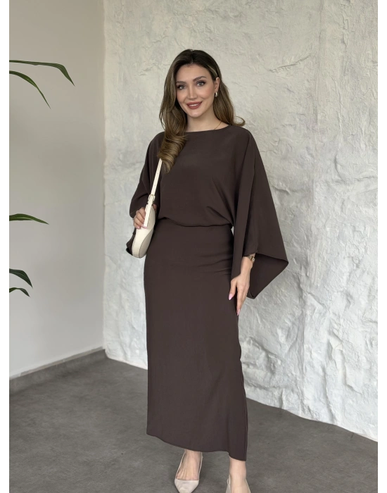 Yarasa kol maxi elbise kahve