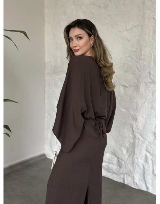 Yarasa kol maxi elbise kahve