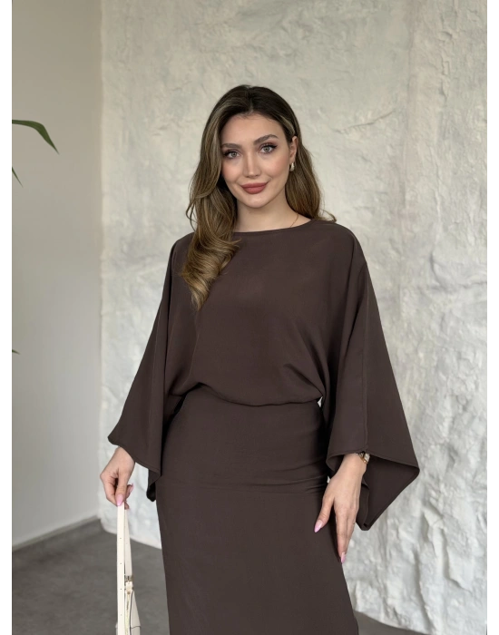 Yarasa kol maxi elbise kahve