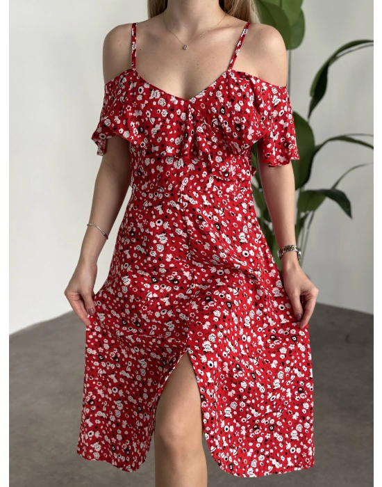 Yırtmaçlı Yakası İki Şekilde Kullanılabilir Pamuklu Viskon Elbise Kırmızı Beyaz Çiçekli