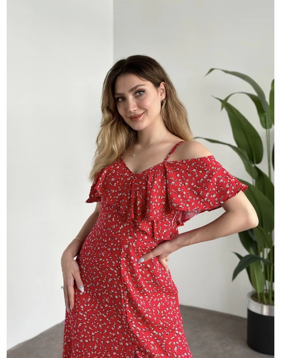 Yırtmaçlı Yakası İki Şekilde Kullanılabilir Pamuklu Viskon Elbise Kırmızı