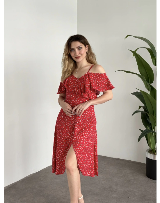 Yırtmaçlı Yakası İki Şekilde Kullanılabilir Pamuklu Viskon Elbise Kırmızı