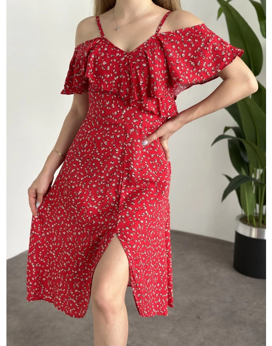 Yırtmaçlı Yakası İki Şekilde Kullanılabilir Pamuklu Viskon Elbise Kırmızı