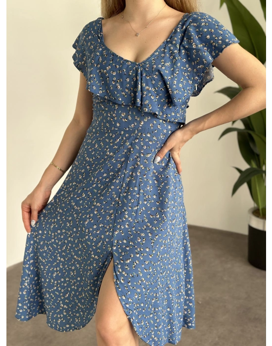 Yırtmaçlı Yakası İki Şekilde Kullanılabilir Pamuklu Viskon Elbise Mavi Küçük Beyaz Çiçekli