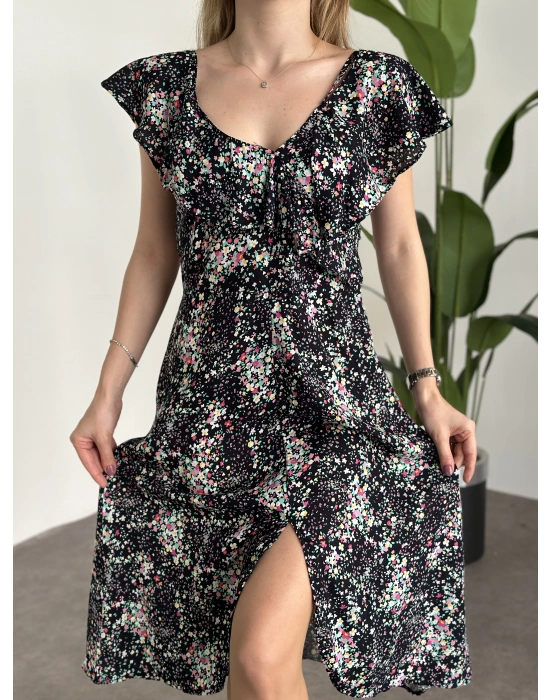 Yırtmaçlı Yakası İki Şekilde Kullanılabilir Pamuklu Viskon Elbise Siyah