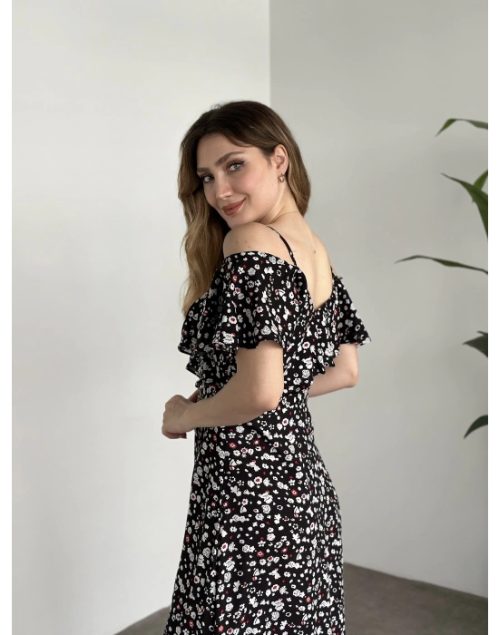 Yırtmaçlı Yakası İki Şekilde Kullanılabilir Pamuklu Viskon Elbise Siyah Beyaz