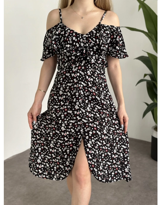 Yırtmaçlı Yakası İki Şekilde Kullanılabilir Pamuklu Viskon Elbise Siyah Beyaz