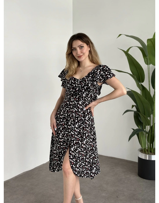 Yırtmaçlı Yakası İki Şekilde Kullanılabilir Pamuklu Viskon Elbise Siyah Beyaz