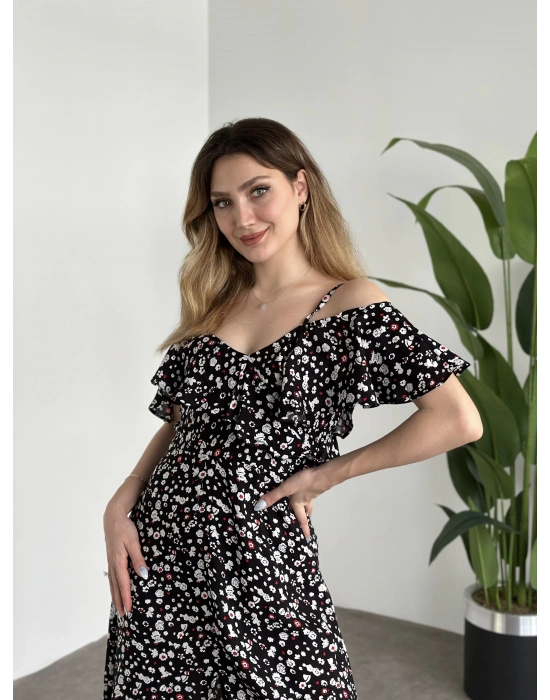 Yırtmaçlı Yakası İki Şekilde Kullanılabilir Pamuklu Viskon Elbise Siyah Beyaz