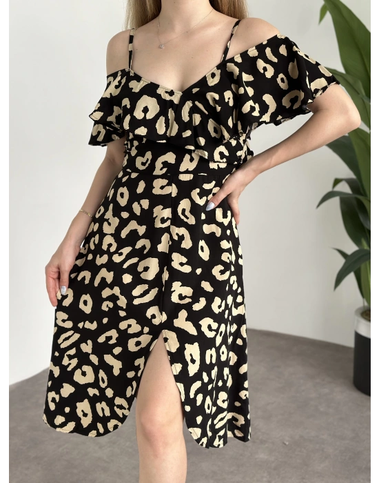 Yırtmaçlı Yakası İki Şekilde Kullanılabilir Pamuklu Viskon Elbise Siyah Yuvarlak Desenli