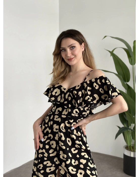 Yırtmaçlı Yakası İki Şekilde Kullanılabilir Pamuklu Viskon Elbise Siyah Yuvarlak Desenli