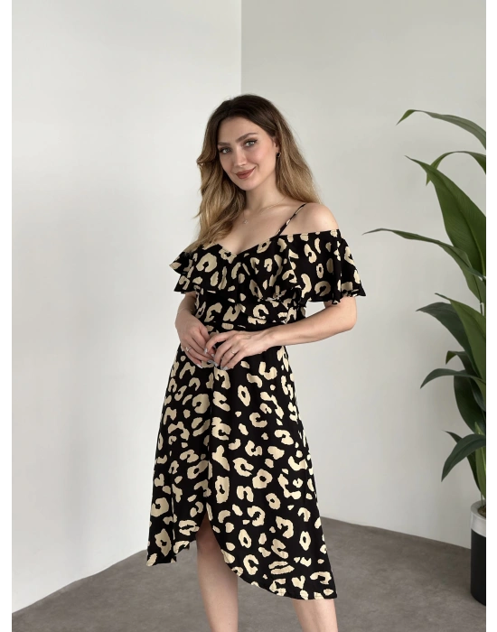 Yırtmaçlı Yakası İki Şekilde Kullanılabilir Pamuklu Viskon Elbise Siyah Yuvarlak Desenli