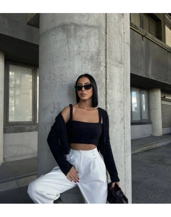 yumuşak tüylü askılı crop ve hırka siyah