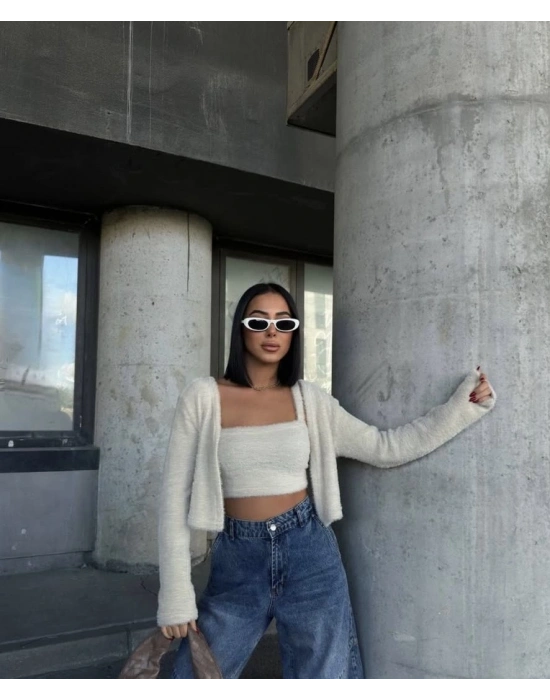 yumuşak tüylü askılı crop ve hırka taş