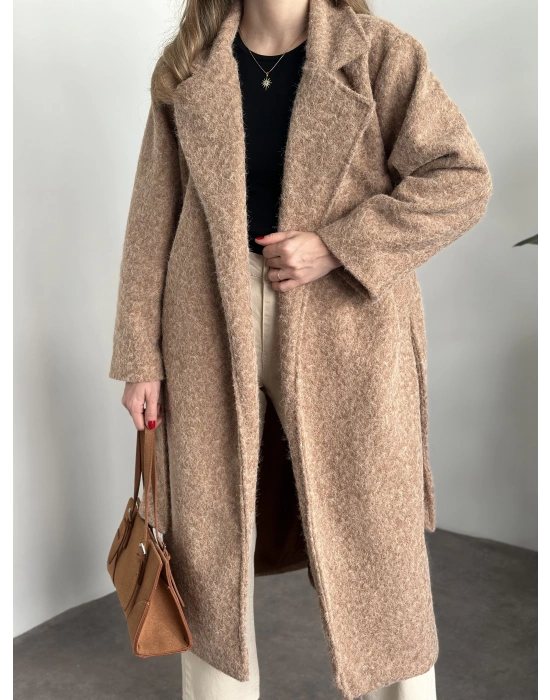 Yün saçaklı kaşe kumaş kemerli pinterest kaban camel
