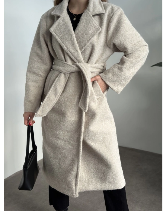 Yün saçaklı kaşe kumaş kemerli pinterest kaban gri