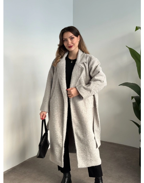 Yün saçaklı kaşe kumaş kemerli pinterest kaban gri