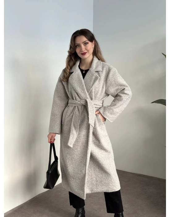 Yün saçaklı kaşe kumaş kemerli pinterest kaban gri