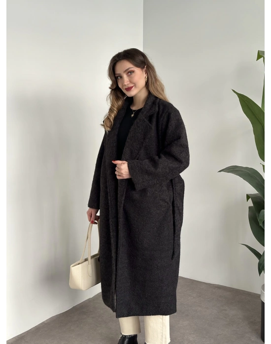 Yün saçaklı kaşe kumaş kemerli pinterest kaban koyu antrasit