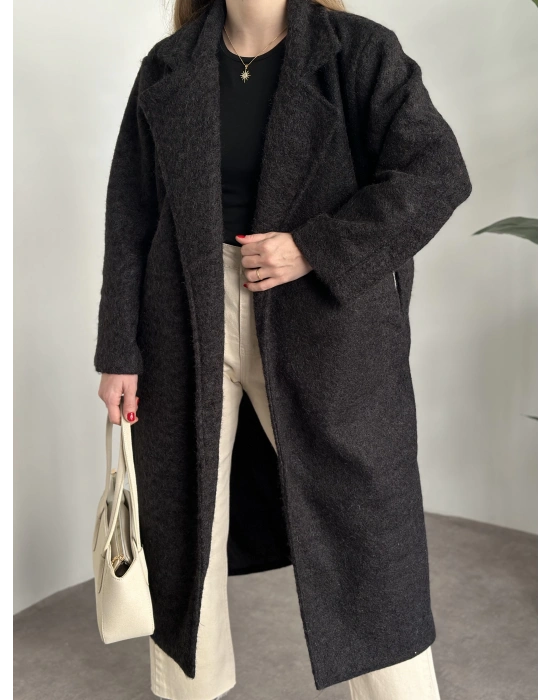 Yün saçaklı kaşe kumaş kemerli pinterest kaban koyu antrasit