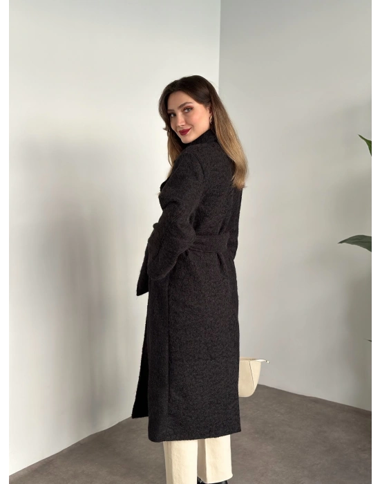 Yün saçaklı kaşe kumaş kemerli pinterest kaban koyu antrasit