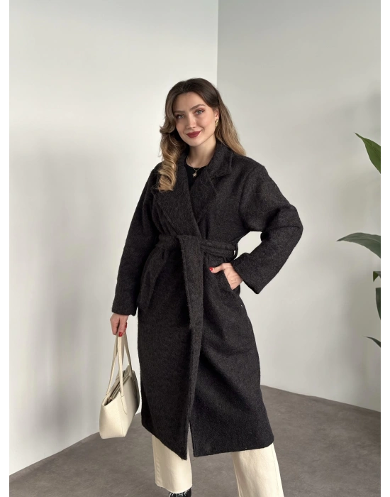 Yün saçaklı kaşe kumaş kemerli pinterest kaban koyu antrasit