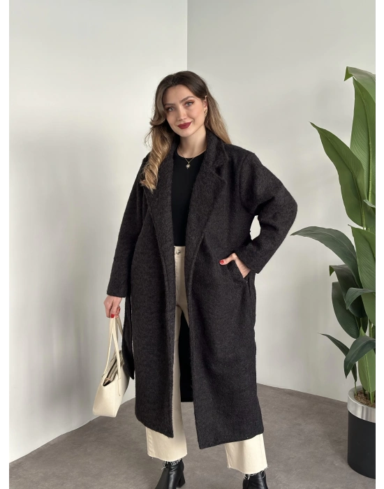 Yün saçaklı kaşe kumaş kemerli pinterest kaban koyu antrasit