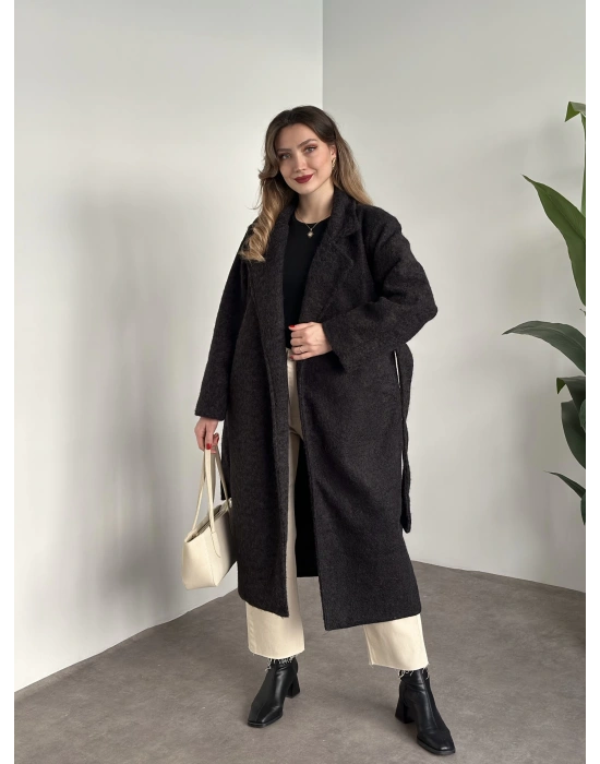 Yün saçaklı kaşe kumaş kemerli pinterest kaban koyu antrasit