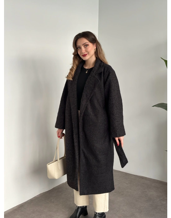 Yün saçaklı kaşe kumaş kemerli pinterest kaban koyu antrasit