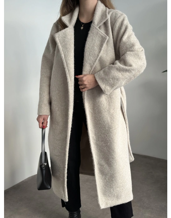 Yün saçaklı kaşe kumaş kemerli pinterest kaban krem