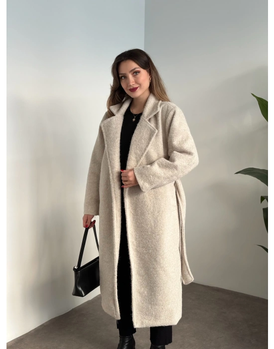 Yün saçaklı kaşe kumaş kemerli pinterest kaban krem