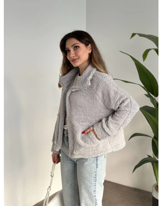 Zr fermuarlı teddy hırka gri