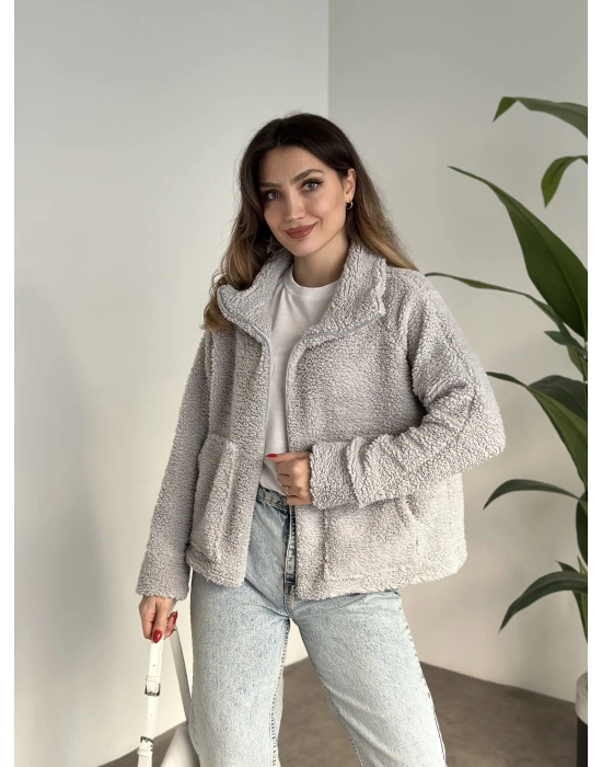 Zr fermuarlı teddy hırka gri