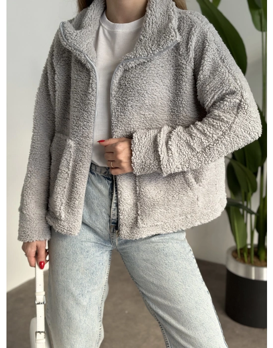 Zr fermuarlı teddy hırka gri
