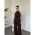Halter yaka belinden kuşaklı linda takım kahve