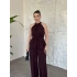 Halter yaka belinden kuşaklı linda takım bordo