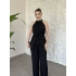 Halter yaka belinden kuşaklı linda takım siyah