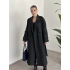 Çizgili uzun düğmeli beli kuşaklı oversize astarlı trençkot siyah