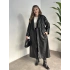 Uzun beli kuşaklı oversize astarlı deri trençkot siyah