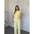 Vatkalı crep kumaş belden kuşaklı tulum sarı