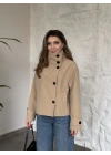 Premium torino kumaş boğazlı düğmeli kısa trenç bej