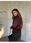 Beli lastikli rahat kesim fermuarlı deri ceket bordo