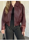 Beli lastikli rahat kesim fermuarlı deri ceket bordo