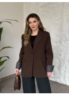 Kolu saten şerit detaylı blazer ceket kahve