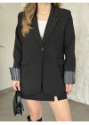 Kolu saten şerit detaylı blazer ceket siyah