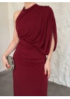 Tek omuz yarasa kol detaylı büzgülü elbise kırmızı