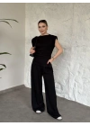 Asimetrik kesim omuzu vatkalı takım siyah