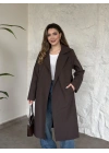 Uzun torino kumaş düğmesiz trençkot acı kahve