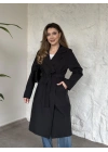 Uzun torino kumaş düğmesiz trençkot siyah