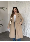 Uzun torino kumaş düğmesiz trençkot bej